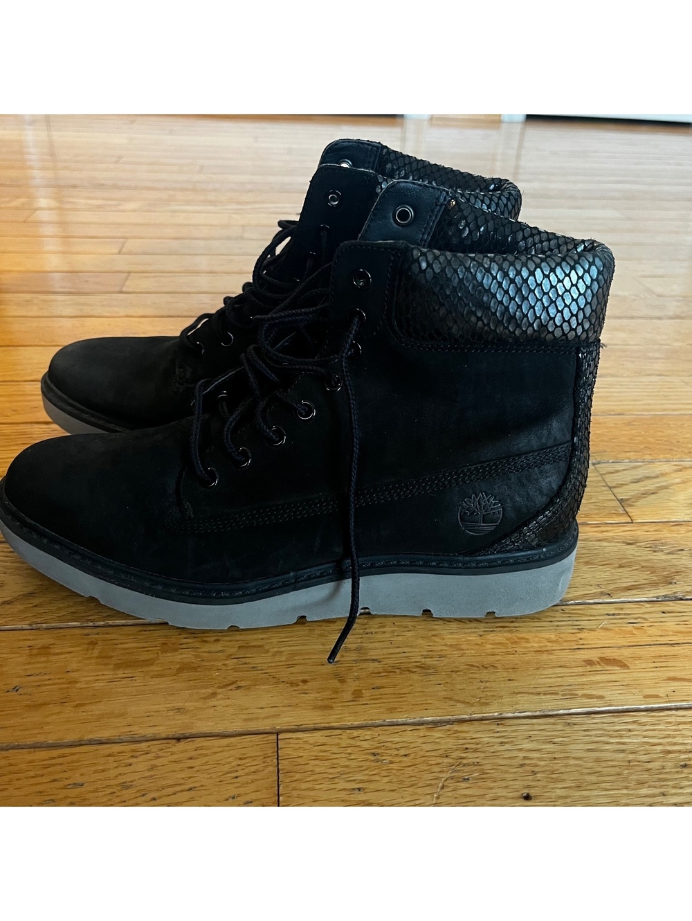 Timberland Black Suede and Snake Print Collar Boots - Picture 6 of 9